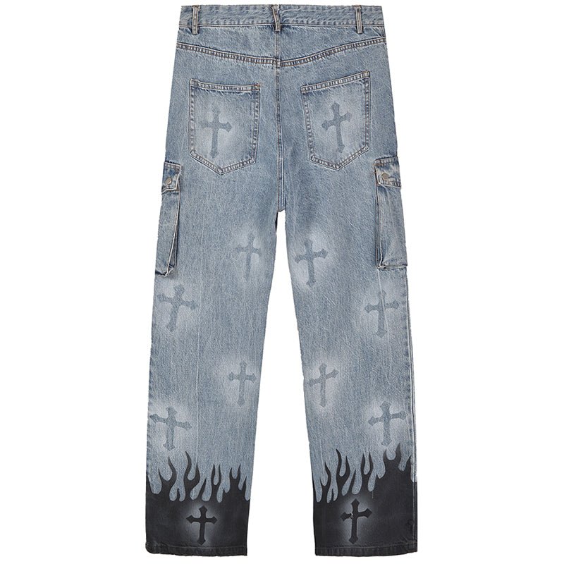 slim fit jeans with cross and flame