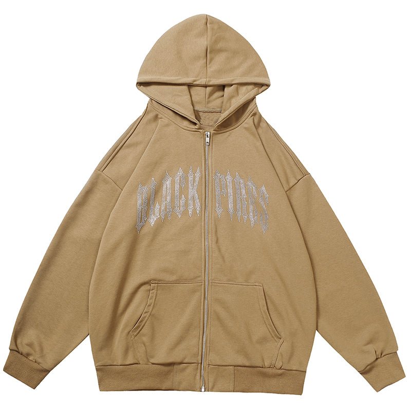 brown Diamond Lettering zip up hoodie