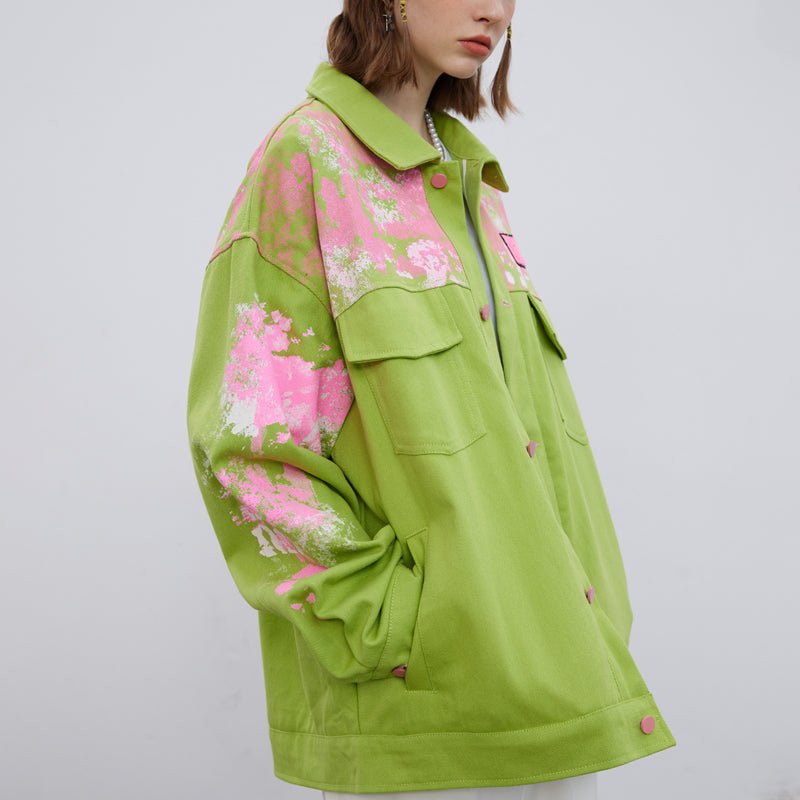 women's green denim jacket with sakura print