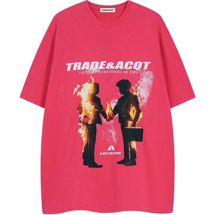 pink t-shirt with partner handshake pattern