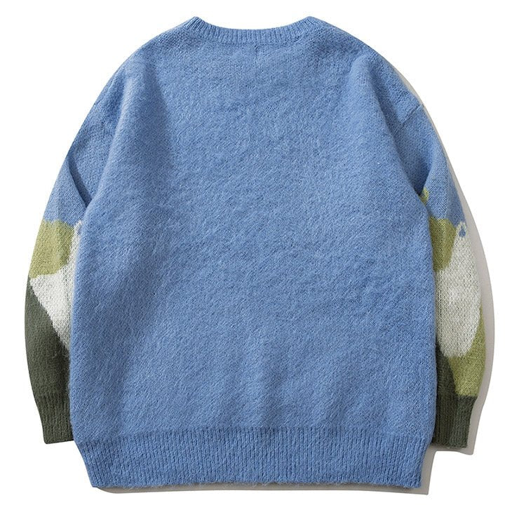 blue jacquard sweater with cat