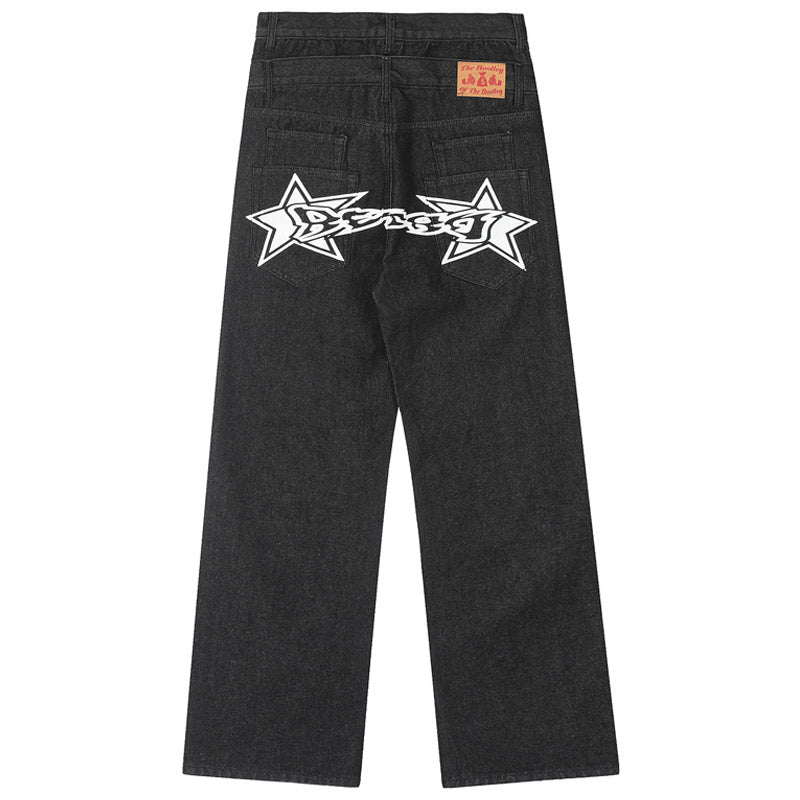 star patchwork black baggy jeans