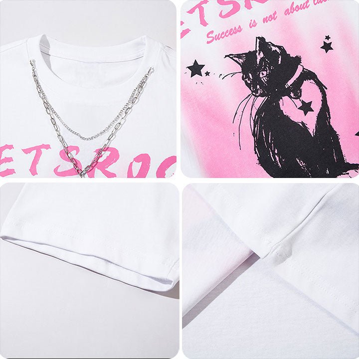 cat print t-shirt with cross chain