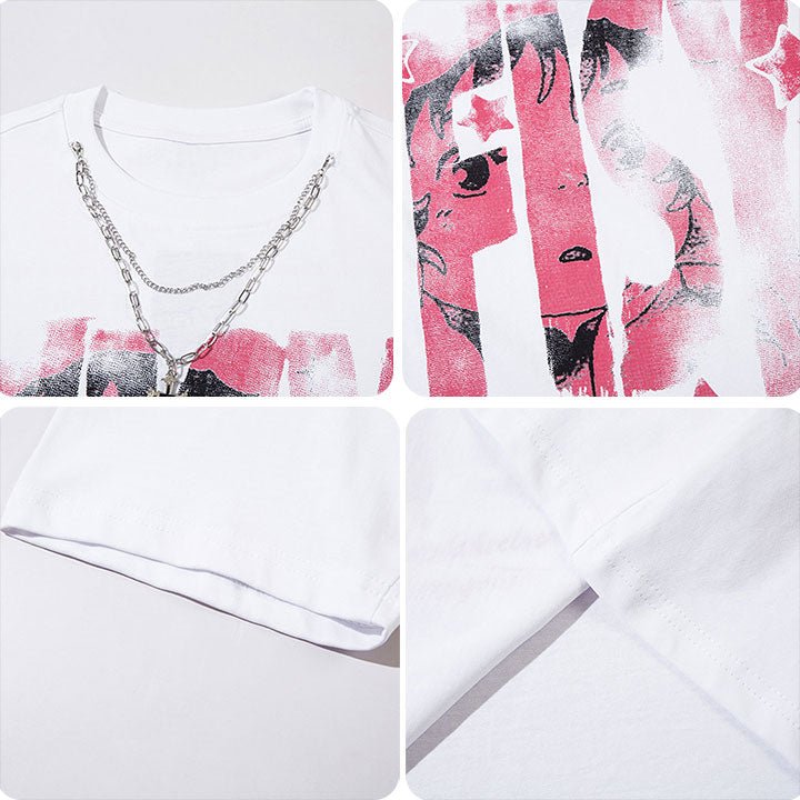 letter print t-shirt with cross chain