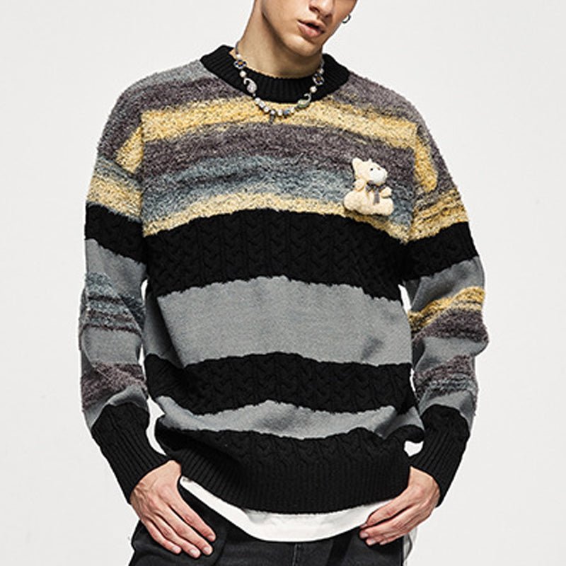 fall striped sweater with bear