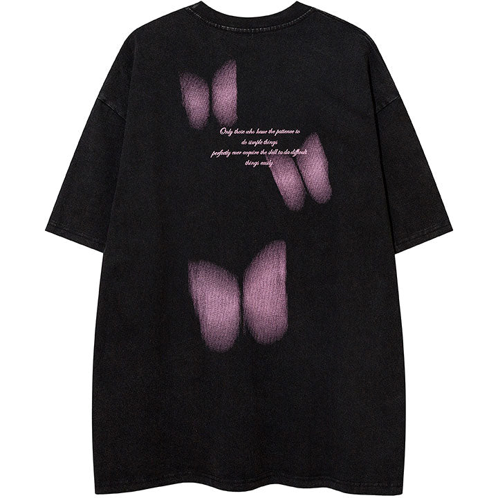 pink butterfly black T-shirt