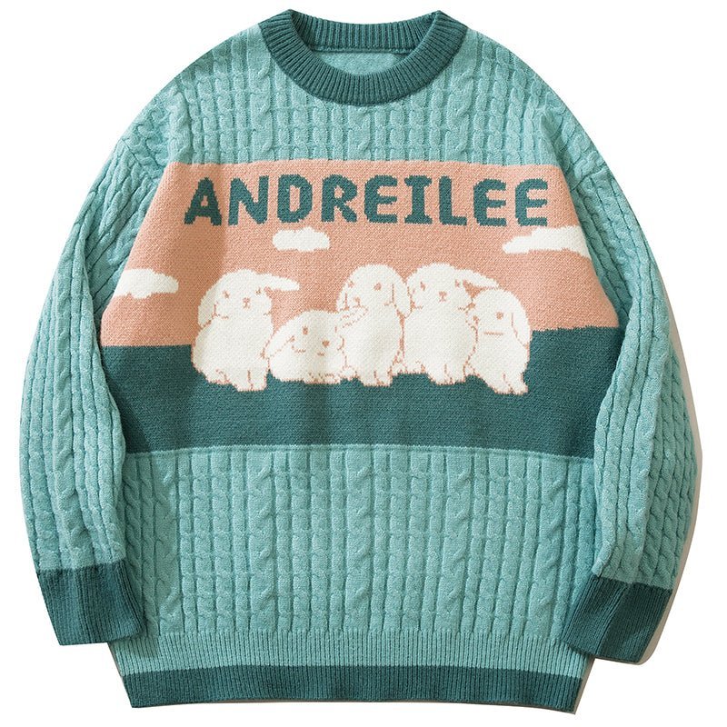 cable knitted sweater with rabbits