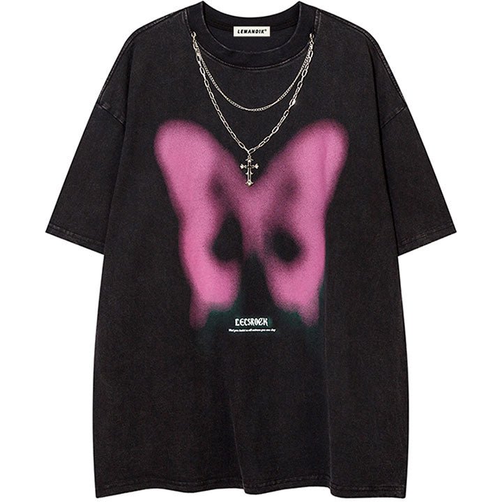 black T-shirt with pink butterfly print