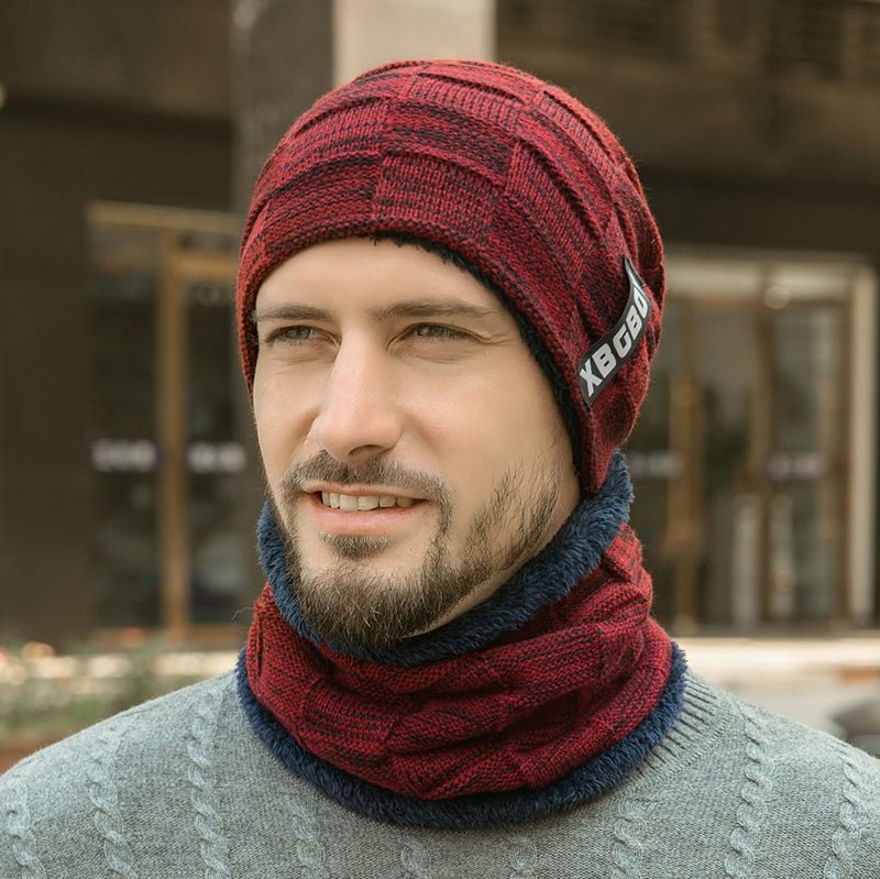 red Woolen Knitted Cap with Scarf