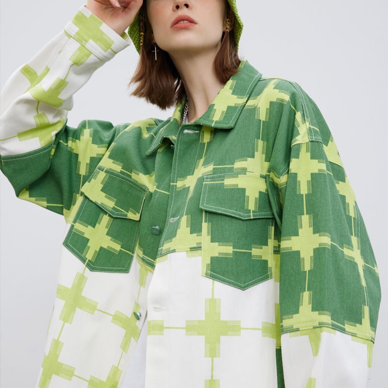 Green Denim Jacket cross pattern