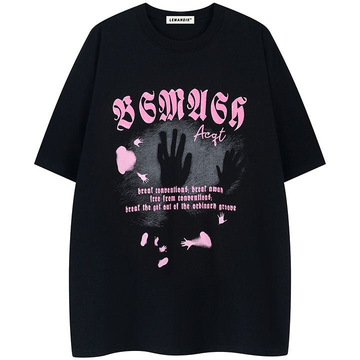 black t-shirt with pink hands