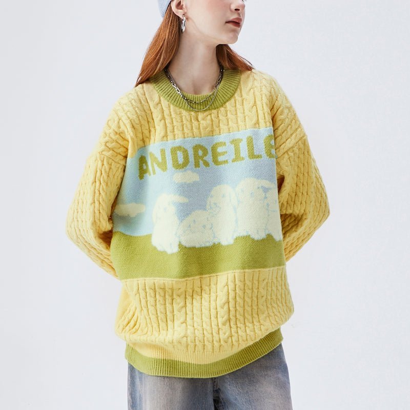 yellow knitted sweater with rabbits