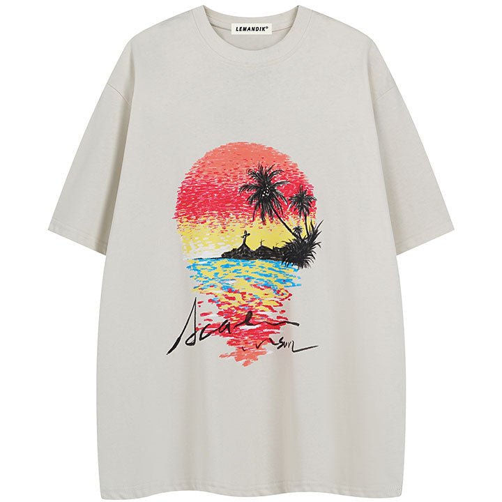 washed T-shirt with seaside scenery