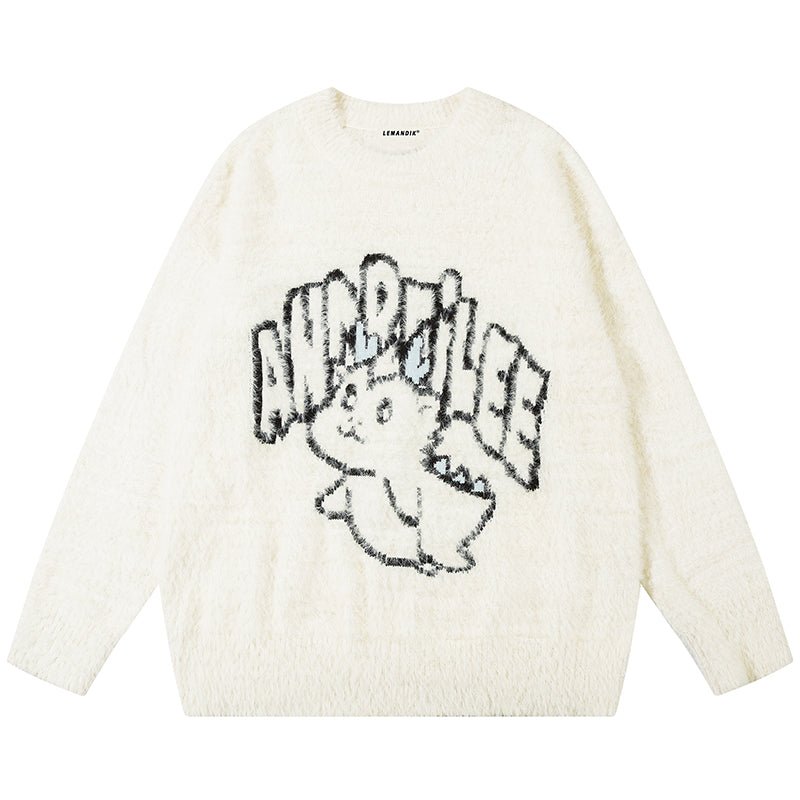 white dinosaur graphic sweater