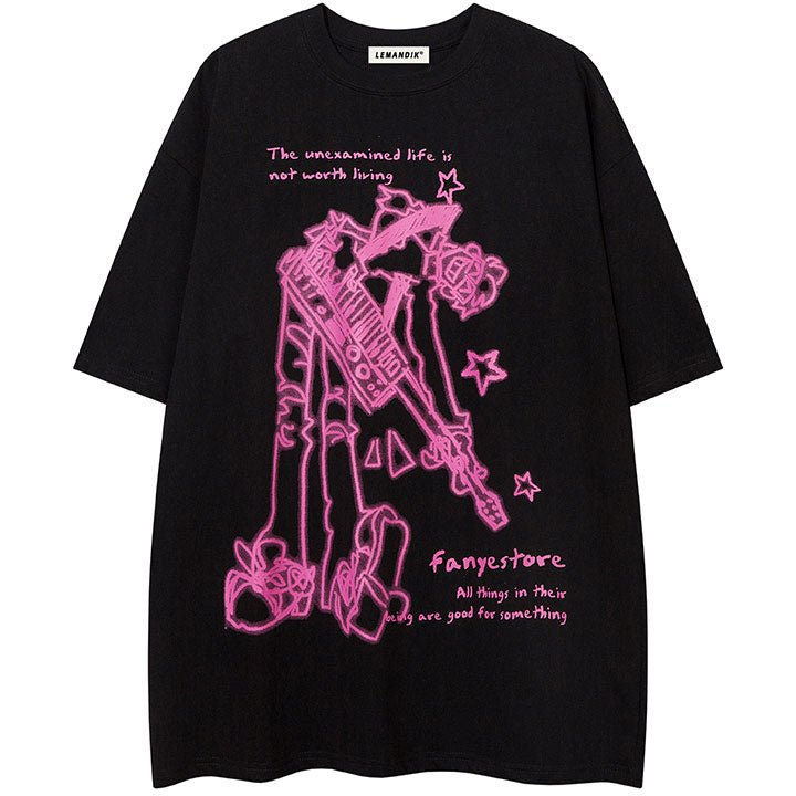 black T-shirt with pink guitar boy print