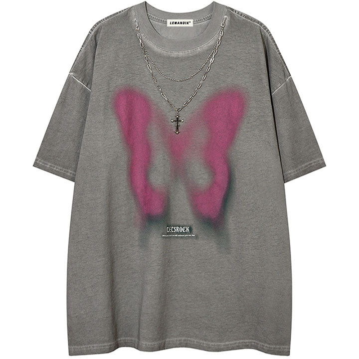 butterfly print t-shirt with chain