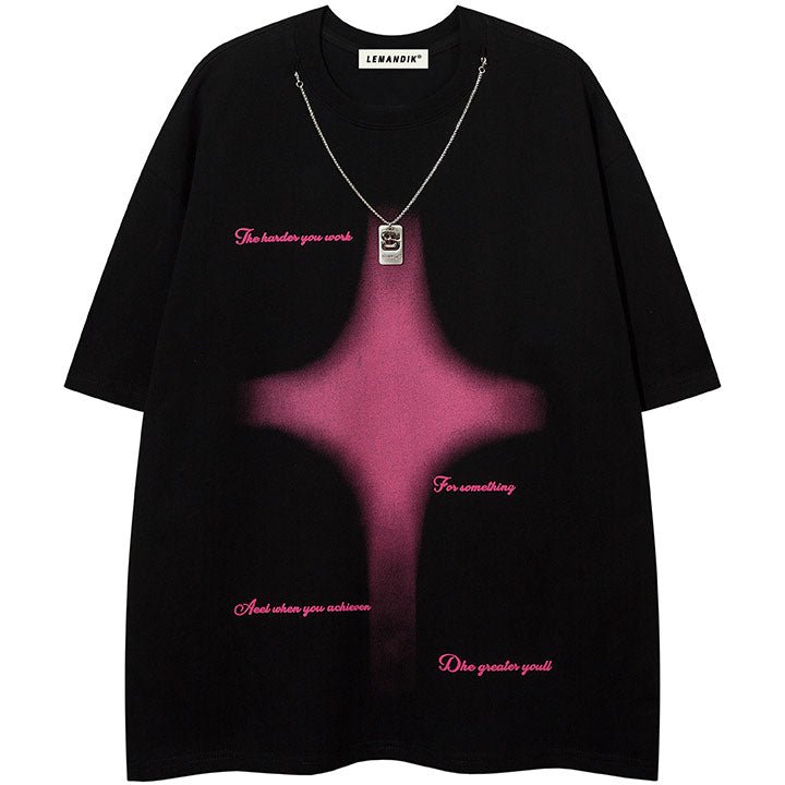black t-shirt with pink star print
