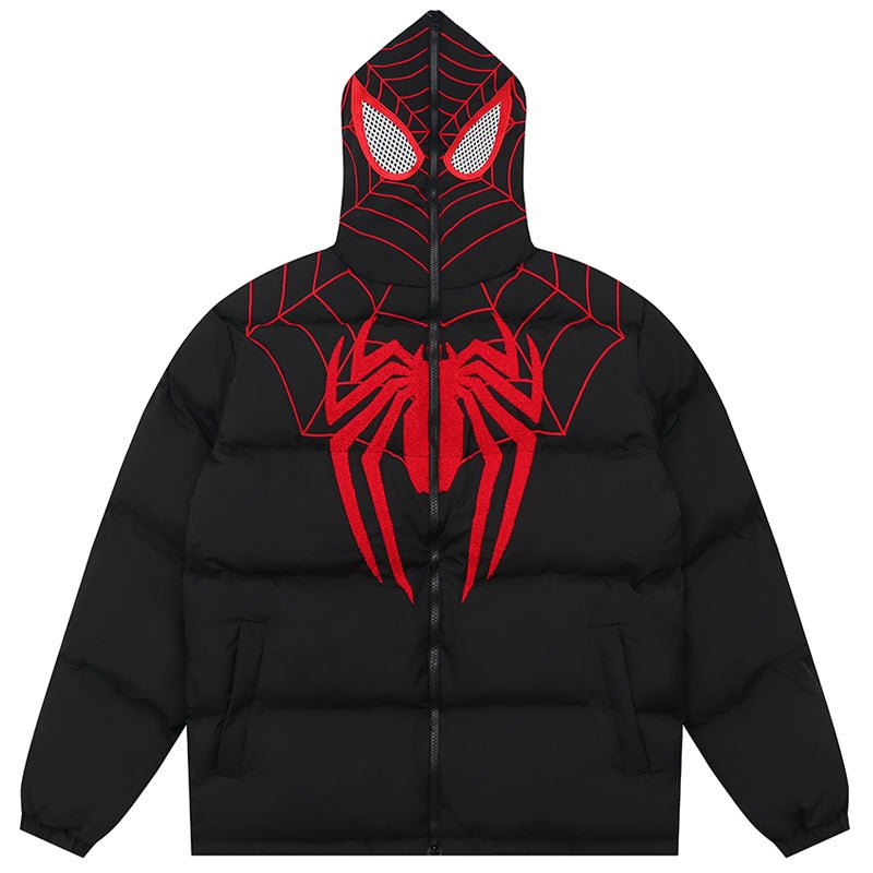 hooded puffer jacket with spider