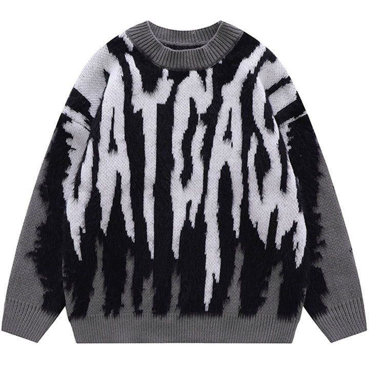 crew neck fur letter patch sweater