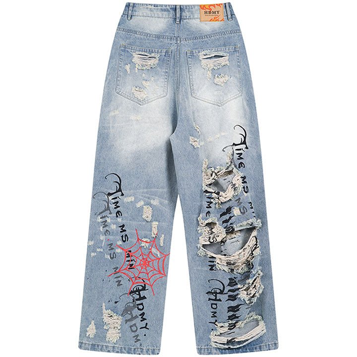 loose style ripped letter jeans