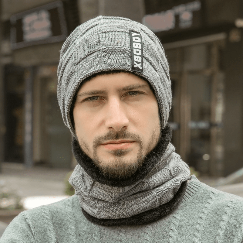 grey Woolen Knitted Cap with Scarf