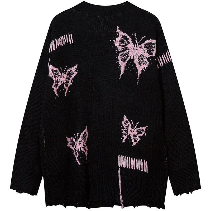 black butterfly ripped sweater